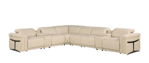 Beige Italian Leather Modular L Shaped Eight Piece Corner Sectional With Console