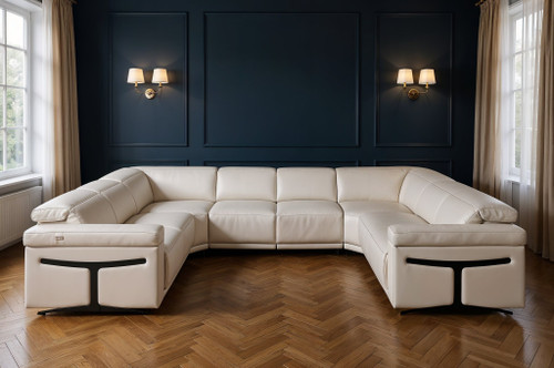 Light Gray Italian Leather Power Reclining U Shaped Eight Piece Corner Sectional With Console Decor