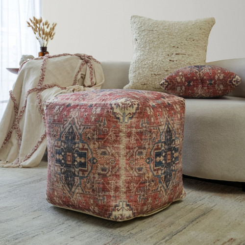 18" Navy Blue and Terra Cotta Upholstered Medallion Pouf Ottoman - Navy Blue & Terra Cotta