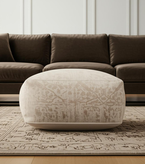 36" Beige and Cream Chenille Damask Pouf Ottoman