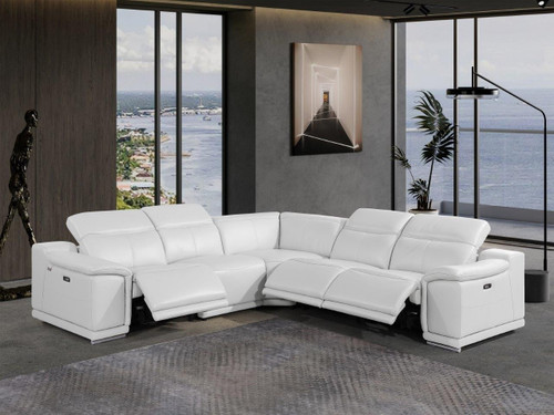 White Italian Leather Power Reclining L Shaped Five Piece Corner Sectional