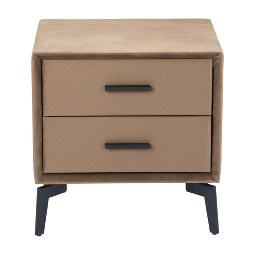 20" Brown and Black Velvet Wood and Steel End Table With Two Drawers