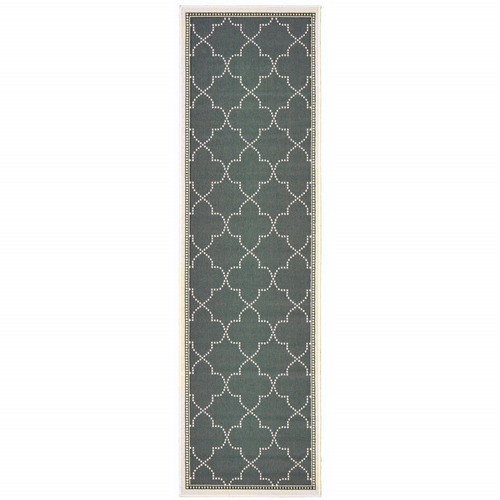2' X 8' Gray and Ivory Geometric Stain Resistant Indoor Outdoor Area Rug