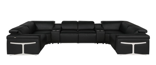 Black Italian Leather Power Reclining U Shaped Eight Piece Sectional With Console