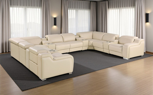 Beige Italian Leather Power Reclining U Shaped Twelve Piece Corner Sectional With Console