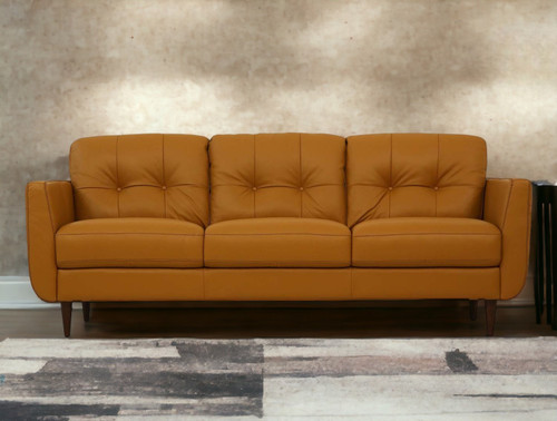 83" Orange Leather Sofa With Black Legs