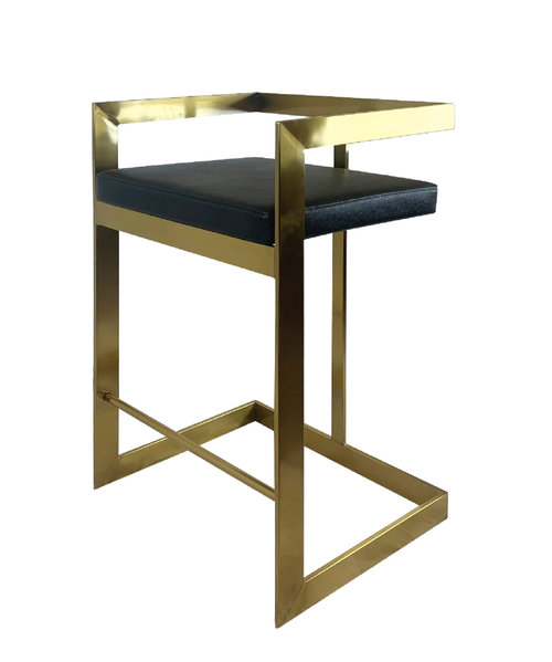 26" Black And Gold Faux Leather And Stainless Steel Low Back Counter Height Bar Chair
