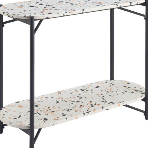 36" White and Black Faux Terrazzo and Steel Oval Console Table With Shelf
