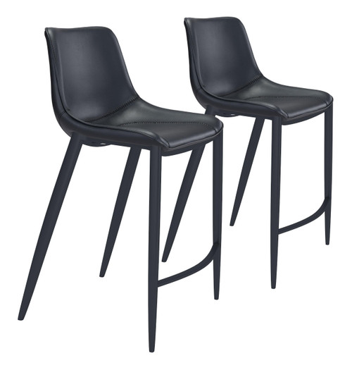 Set of Two 30" Black Faux Leather and Steel Low Back Bar Height Bar Chairs