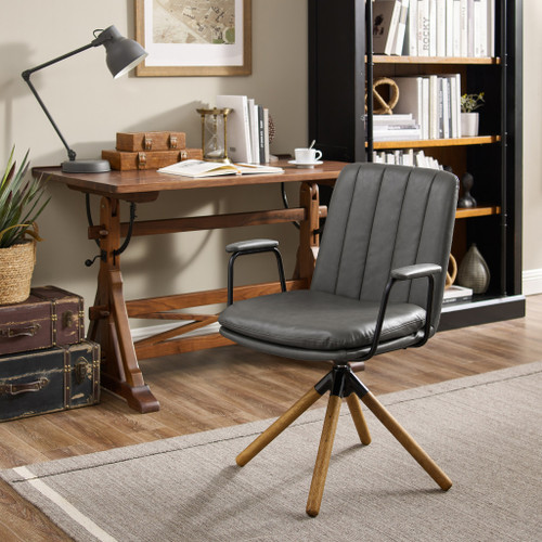 23" Gray And Natural Faux Leather Swivel Arm Chair