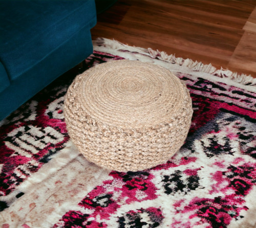 20" Tan Round Geometric Pouf Ottoman