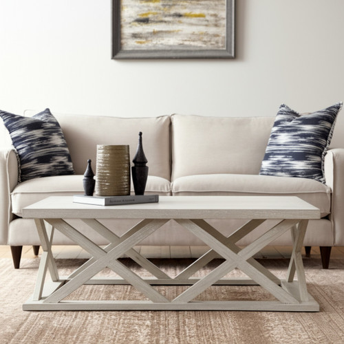 48" Off White Solid Wood Distressed Geo Frame Coffee Table