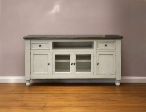 79" Ivory Solid Wood Open shelving Distressed TV Stand