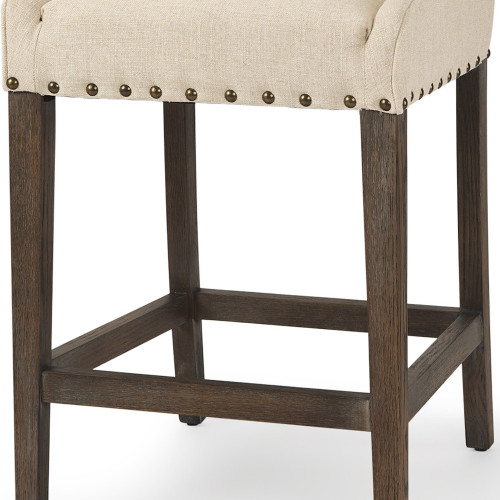 28" Cream and Brown Fabric and Solid Wood Counter Height Bar Chair