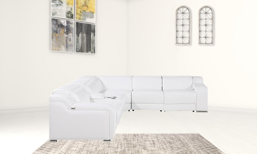 White Italian Leather Power Reclining L Shaped Six Piece Corner Sectional With Console