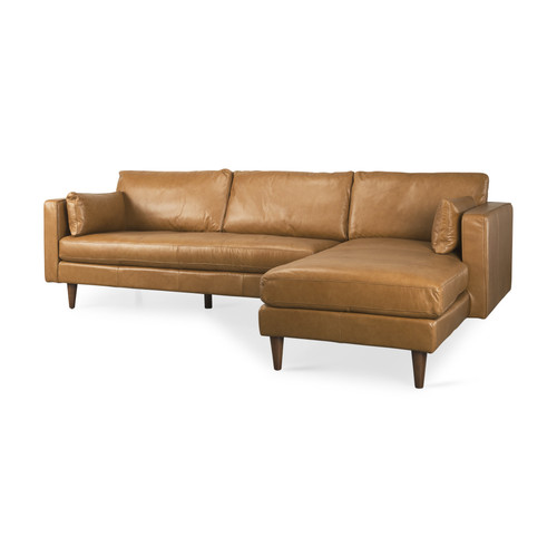 Tan Genuine Leather L Shaped Sofa and Chaise Sectional With Toss Pillows Decor