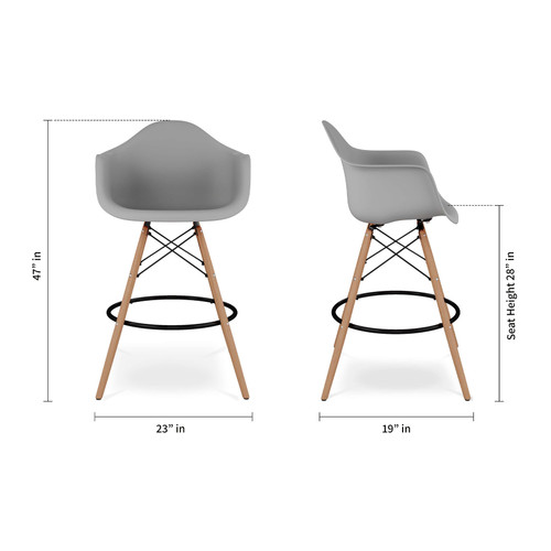 28" Gray And Brown Heavy Duty Plastic And Solid Wood Low Back Counter Height Bar Chair