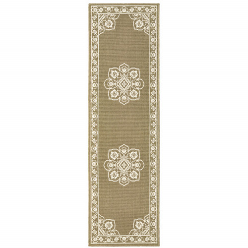 2' X 8' Tan Oriental Stain Resistant Indoor Outdoor Area Rug - Tan