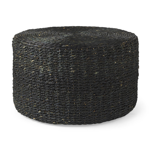 30" Black Water Hyacinth Round Pouf Ottoman
