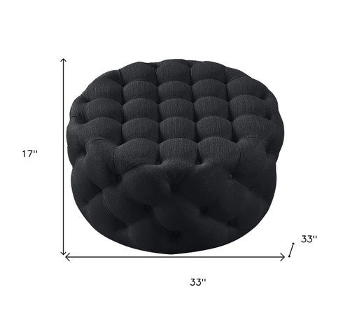 33" Black Linen Tufted Round Cocktail Ottoman
