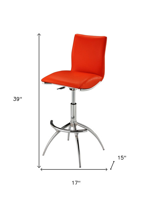 Set of Two Red and Silver Faux Leather and Metal Low Back Adjustable Height Bar Chairs