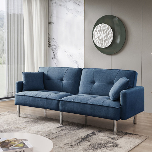 85" Blue Polyester Blend Convertible Futon Sleeper Sofa And Toss Pillows With Silver Legs