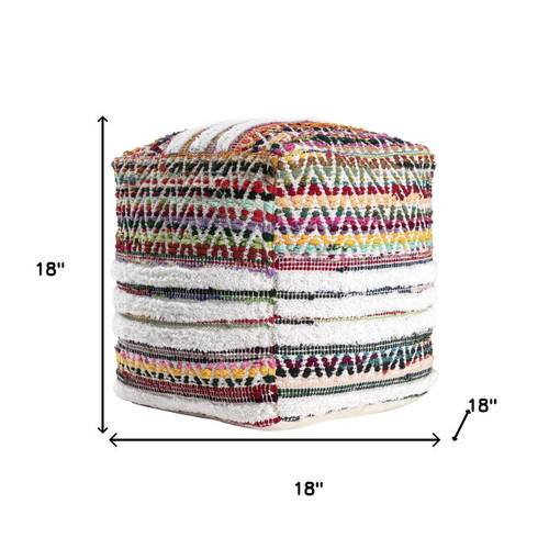 18" Natural And Rainbow Cotton Blend Chevron Pouf Ottoman