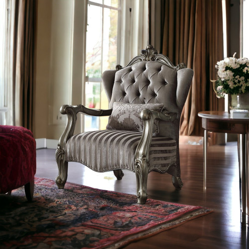 33" Gray and Platinum Velvet Striped Tufted Wingback Chair And Toss Pillow