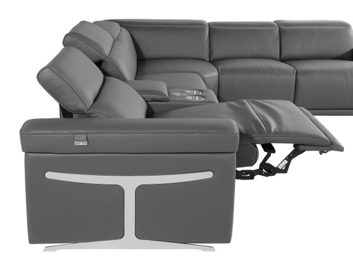 Gray Italian Leather Modular L Shaped Seven Piece Corner Sectional With Console