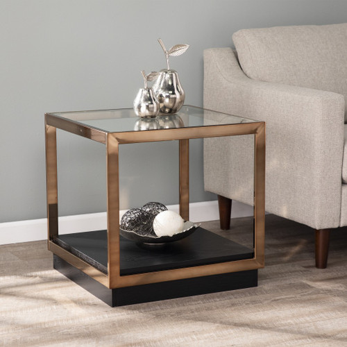 22" Champagne Glass And Iron Square Block End Table With Shelf