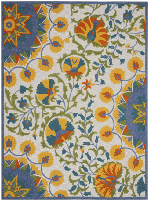 Homeroots Home Decor 10' x 13' Blue Yellow and White Toile Non Skid Indoor Outdoor Area Rug