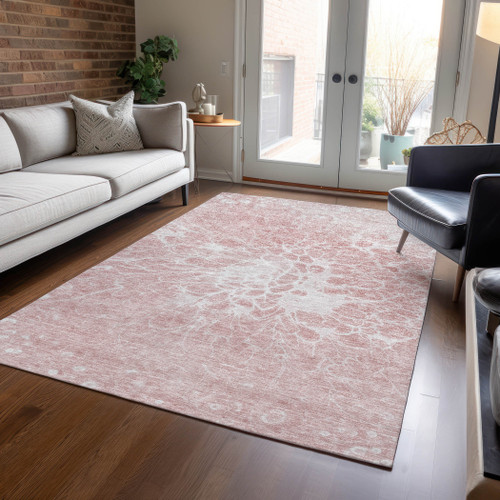 9' X 12' Pink Blush And Ivory Abstract Washable Indoor Outdoor Area Rug