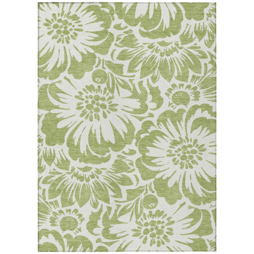 9' X 12' Green and Ivory Floral Washable Non Skid Indoor Outdoor Area Rug