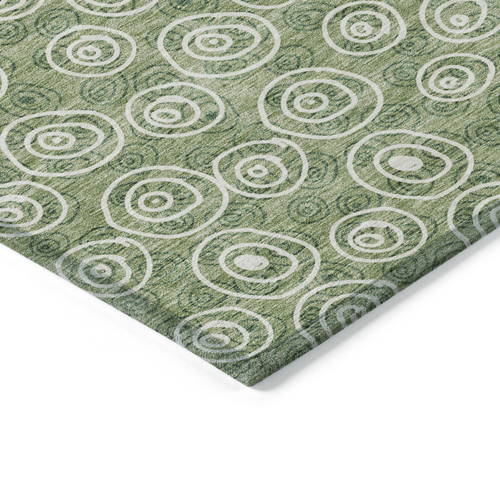 8' Green And Ivory Round Geometric Washable Indoor Outdoor Area Rug
