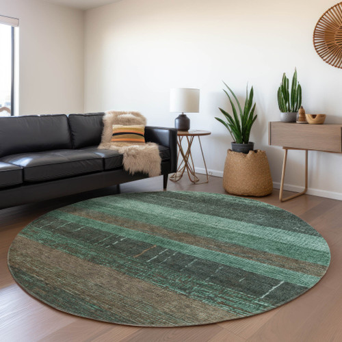 8' Teal Blue And Taupe Round Striped Washable Indoor Outdoor Area Rug