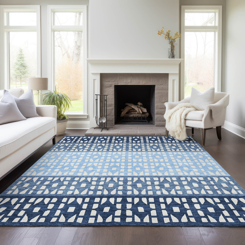 8' X 10' Blue Sky Blue And Ivory Geometric Washable Indoor Outdoor Area Rug