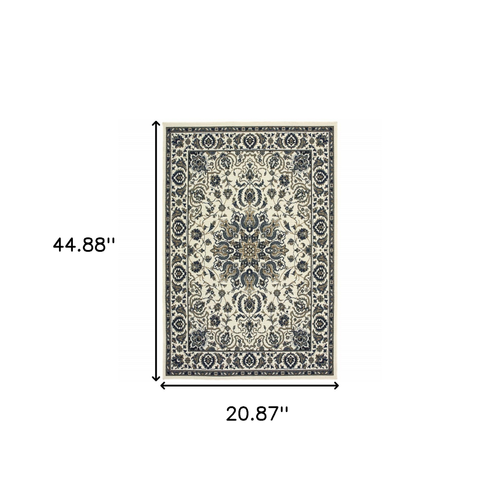 2' X 4' Ivory and Blue Oriental Stain Resistant Indoor Outdoor Area Rug