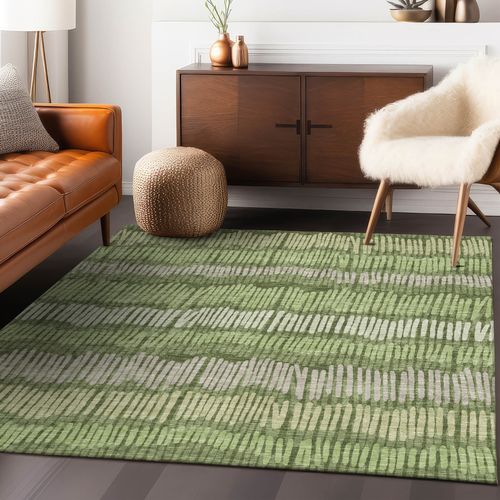 8' X 10' Olive Green And Gray Striped Washable Indoor Outdoor Area Rug