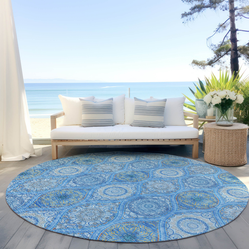8' Denim Blue Sky Blue And Ivory Round Floral Medallion Washable Indoor Outdoor Area Rug