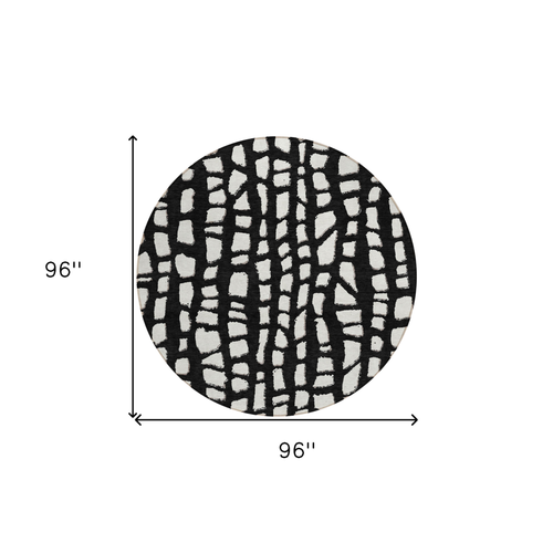 8' Black And Ivory Round Abstract Washable Indoor Outdoor Area Rug