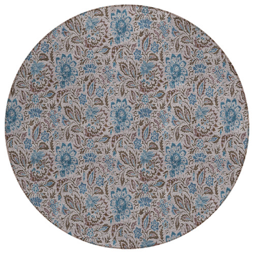 8' Brown And Blue Round Floral Washable Indoor Outdoor Area Rug