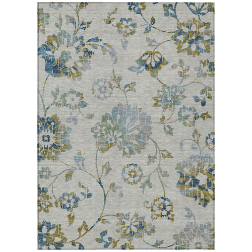 8' X 10' Taupe Navy Blue And Denim Blue Floral Washable Indoor Outdoor Area Rug