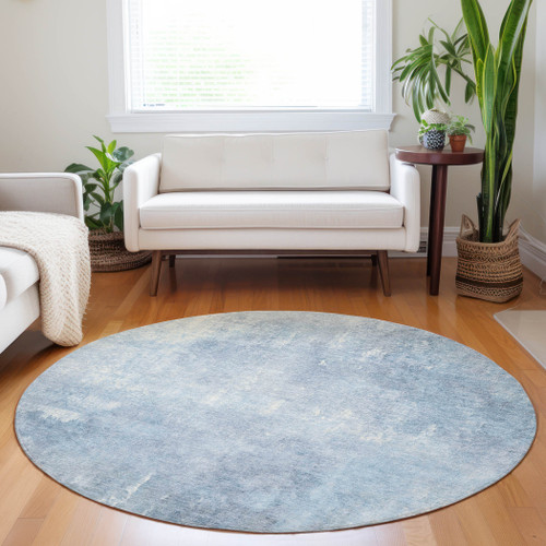 8' Sky Blue And Ivory Round Abstract Washable Indoor Outdoor Area Rug - Sky Blue, Ivory