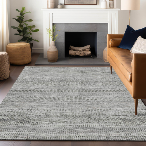 9' X 12' Gray And Charcoal Striped Washable Indoor Outdoor Area Rug