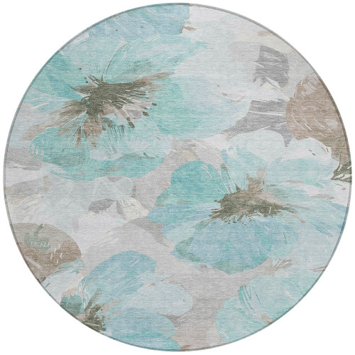 8' Teal Blue And Aqua Round Floral Washable Indoor Outdoor Area Rug