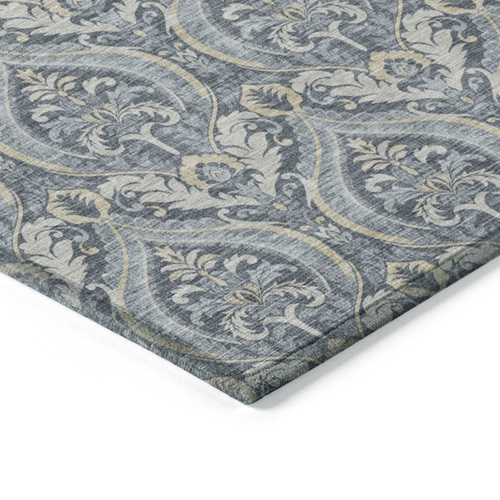 9' X 12' Blue and Cream Damask Washable Non Skid Indoor Outdoor Area Rug