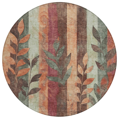 8' Terra Cotta And Sage Round Floral Washable Indoor Outdoor Area Rug