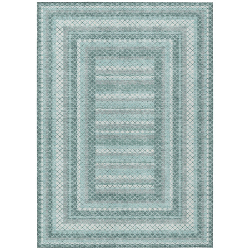 10' X 14' Teal Blue And Ivory Geometric Washable Indoor Outdoor Area Rug - Teal Blue, Ivory