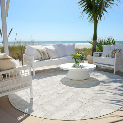 8' Ivory And Beige Round Abstract Washable Indoor Outdoor Area Rug