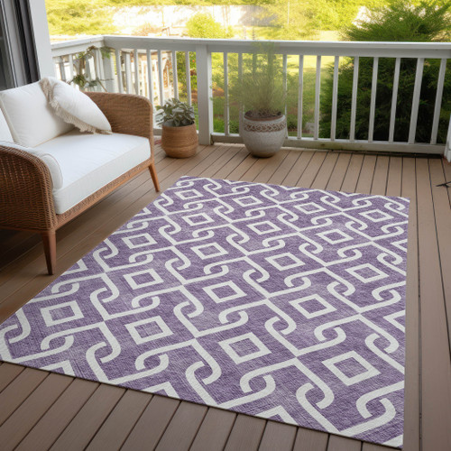 9' X 12' Purple And Ivory Geometric Washable Indoor Outdoor Area Rug